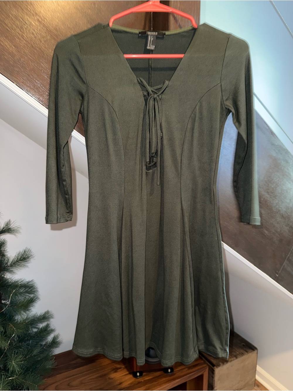 Forever 21 Olive Tie-Front Long Sleeve A-Line Dress